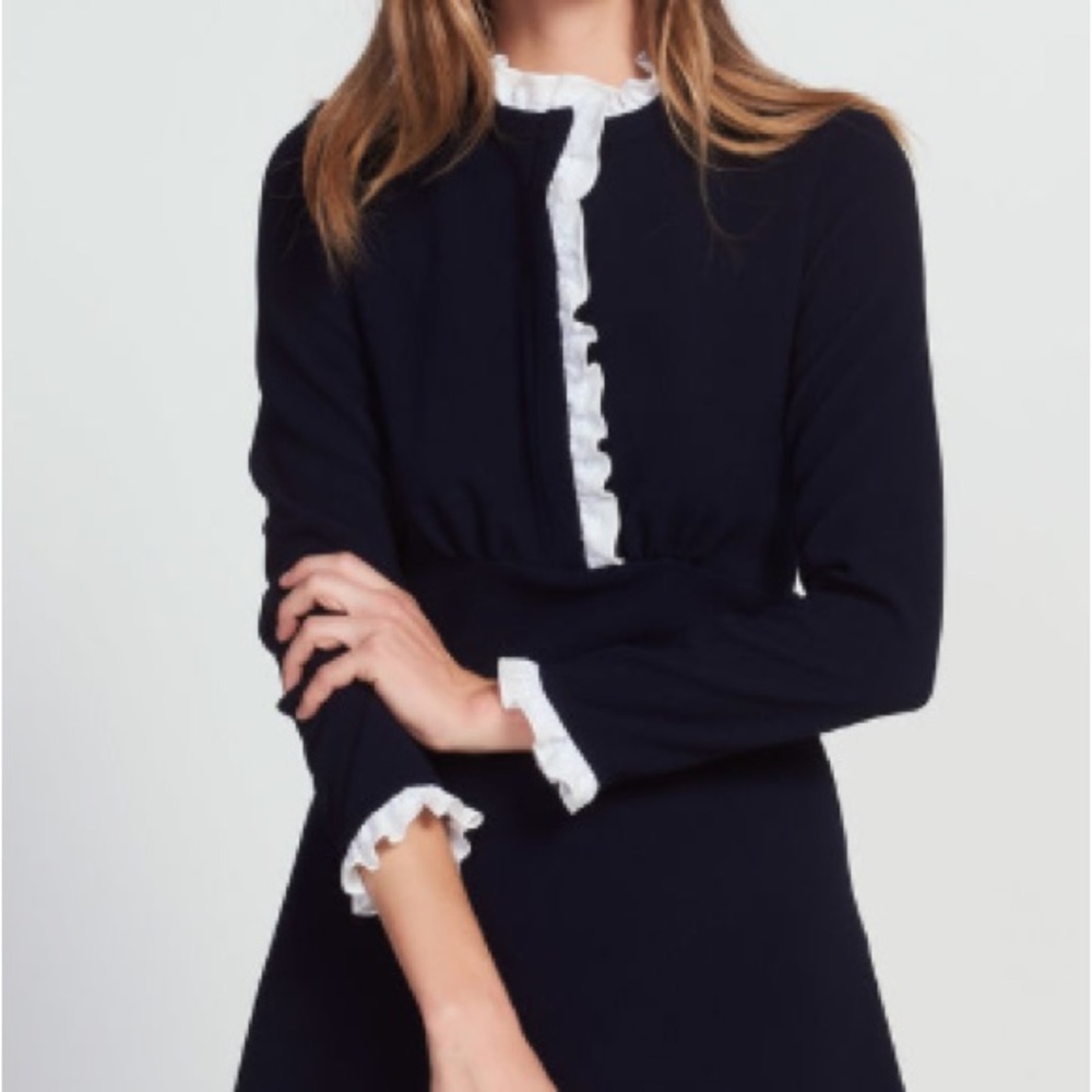 Sandro Natalia Ruffle Trim Dress- Navy with White Details. 0/XS - Picture 2 of 9